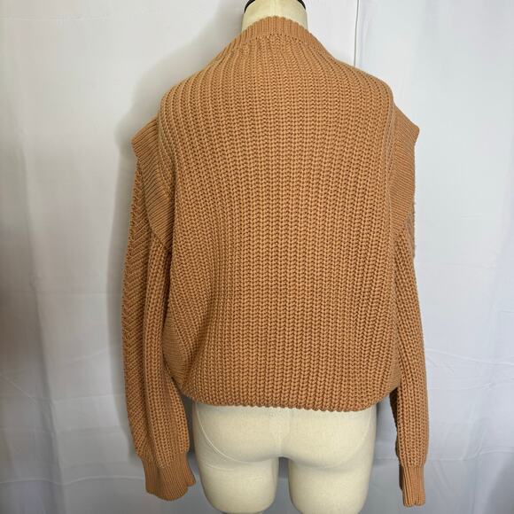 Böhme Chunky Cable Knit Sweater Boho Ruffle Shoulder 100% Cotton Tan Medium - Picture 3 of 7